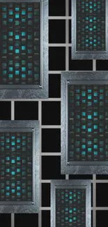 Futuristic geometric wallpaper with a metallic grid and blue accents.