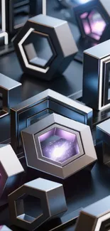 Futuristic geometric shapes in glowing purple hue.