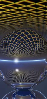 Futuristic geometric sphere with grid design and deep blue background.