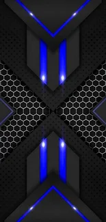 Futuristic dark geometric wallpaper with blue accents.