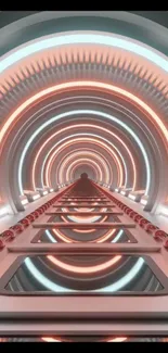 Futuristic geometric tunnel with neon lights in vibrant colors.