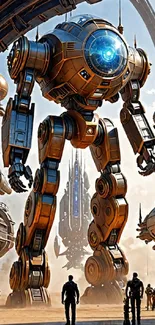 Futuristic giant robot in sci-fi setting mobile wallpaper.