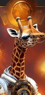 Futuristic giraffe in a space-themed mobile wallpaper with vibrant orange hues.