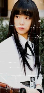 Futuristic girl in white shirt with digital effects on mobile wallpaper.