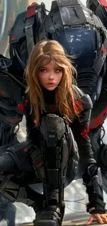 Futuristic girl in robotic suit crouching with a large robot in the background.