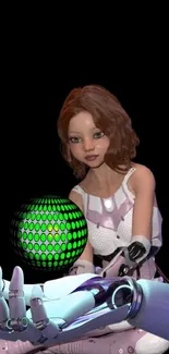 Futuristic girl holding glowing orb with robotic arm on black background.