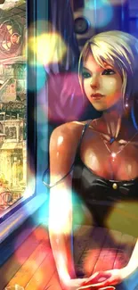 Futuristic girl with neon lights in a cityscape, digital art wallpaper.