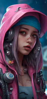 Futuristic girl with pink hood and headphones in vibrant digital art.