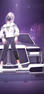 Futuristic girl sitting on a retro car with purple background.