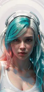 Futuristic girl with colorful hair and headphones in a digital sci-fi setting.