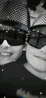 Futuristic duo with sunglasses and shimmering stars.