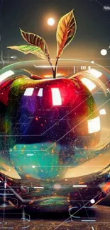 Futuristic glowing glass apple with vibrant colors.