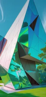 Futuristic glass building with vibrant colors and geometric design.