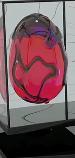 Futuristic red glass egg in a case.