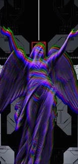 Futuristic wallpaper with a glitch art statue in vibrant neon colors.