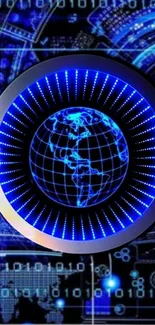 Futuristic blue digital globe with binary patterns.