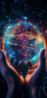 A cosmic, glowing globe held by hands against a starry backdrop.