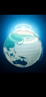 Glowing digital globe with halo effect on a blue background.