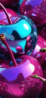 Vibrant neon cherries with glossy, futuristic design.