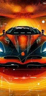 Futuristic car in vibrant orange tones with glowing lights.