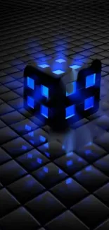 Futuristic glowing blue cube on a dark grid background wallpaper.