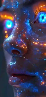 Futuristic glowing face with blue lights and digital patterns.