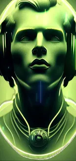 Futuristic green glowing bust with headphones.