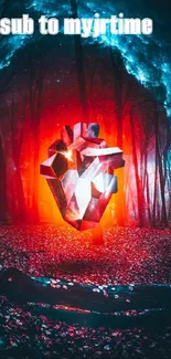 Mystical futuristic heart in glowing forest wallpaper.