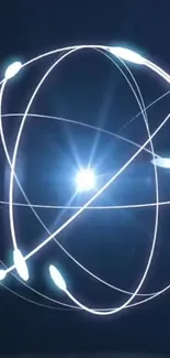 Futuristic glowing orb with light trails on a dark blue background.