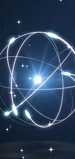 Futuristic glowing orb with stars on a dark blue background.