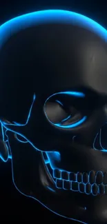 Futuristic black and blue glowing skull mobile wallpaper.