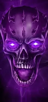 Purple futuristic glowing skull wallpaper for mobile.