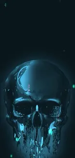 Futuristic glowing skull with neon blue effect on a dark background.