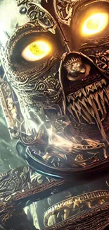 Futuristic glowing skull mobile wallpaper with intricate details and bright eyes.