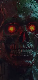 Futuristic skull with glowing eyes in rain effect wallpaper.