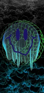 Futuristic neon smiley face on dark background.