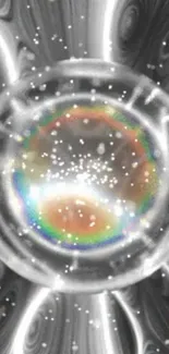 Abstract cosmic vortex with glowing particles in a gray and rainbow color scheme.