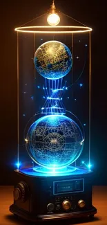 Futuristic glowing sphere with blue light and tech design.