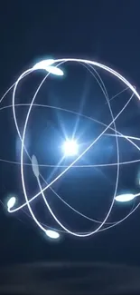 Futuristic glowing sphere on a dark blue background with light arcs.