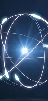 Futuristic glowing light sphere with intersecting lines on a dark blue background.