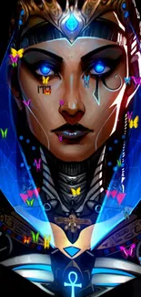 Futuristic goddess with glowing blue elements and colorful butterflies.