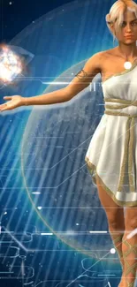 Futuristic goddess digital art with cosmic backdrop.