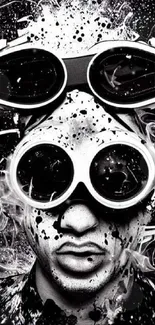 Futuristic black and white goggle art with splattered design.