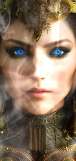 A futuristic figure in gold armor with striking blue eyes.