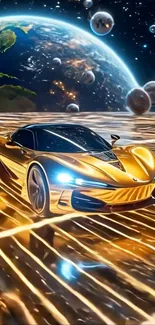 Gold futuristic car on cosmic road with planets in the background.