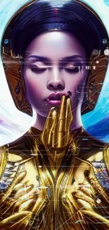 Futuristic figure in gold meditation against a vibrant cosmic backdrop.