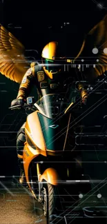 Futuristic gold rider with wings on a motorcycle.