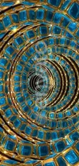 Futuristic spiral design with gold and blue.