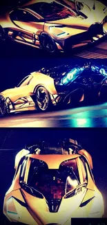 Futuristic gold sports car with glowing blue accents and sleek design.