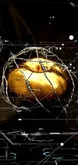 Futuristic golden apple with barbed wire and tech theme.